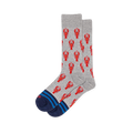 Light gray crew socks with a repeating bright red lobster pattern, finished with navy toes and bright blue stripes.
