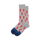 Light gray crew socks with a repeating bright red lobster pattern, finished with navy toes and bright blue stripes.