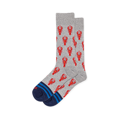 Light gray crew socks with a repeating bright red lobster pattern, finished with navy toes and bright blue stripes.
