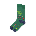 Green crew socks with lime Who's your Caddy text, a red golf cart graphic, and a golf hole with a red flag near the toe.