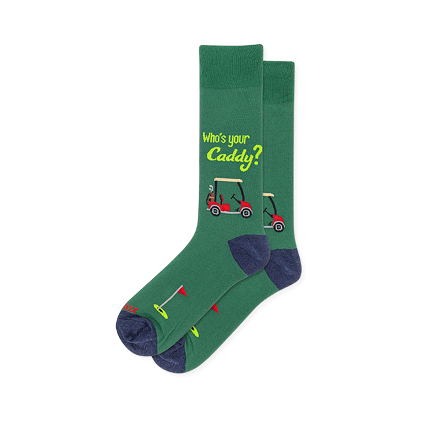 Green crew socks with lime Who's your Caddy text, a red golf cart graphic, and a golf hole with a red flag near the toe.