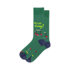 Green crew socks with lime Who's your Caddy text, a red golf cart graphic, and a golf hole with a red flag near the toe.