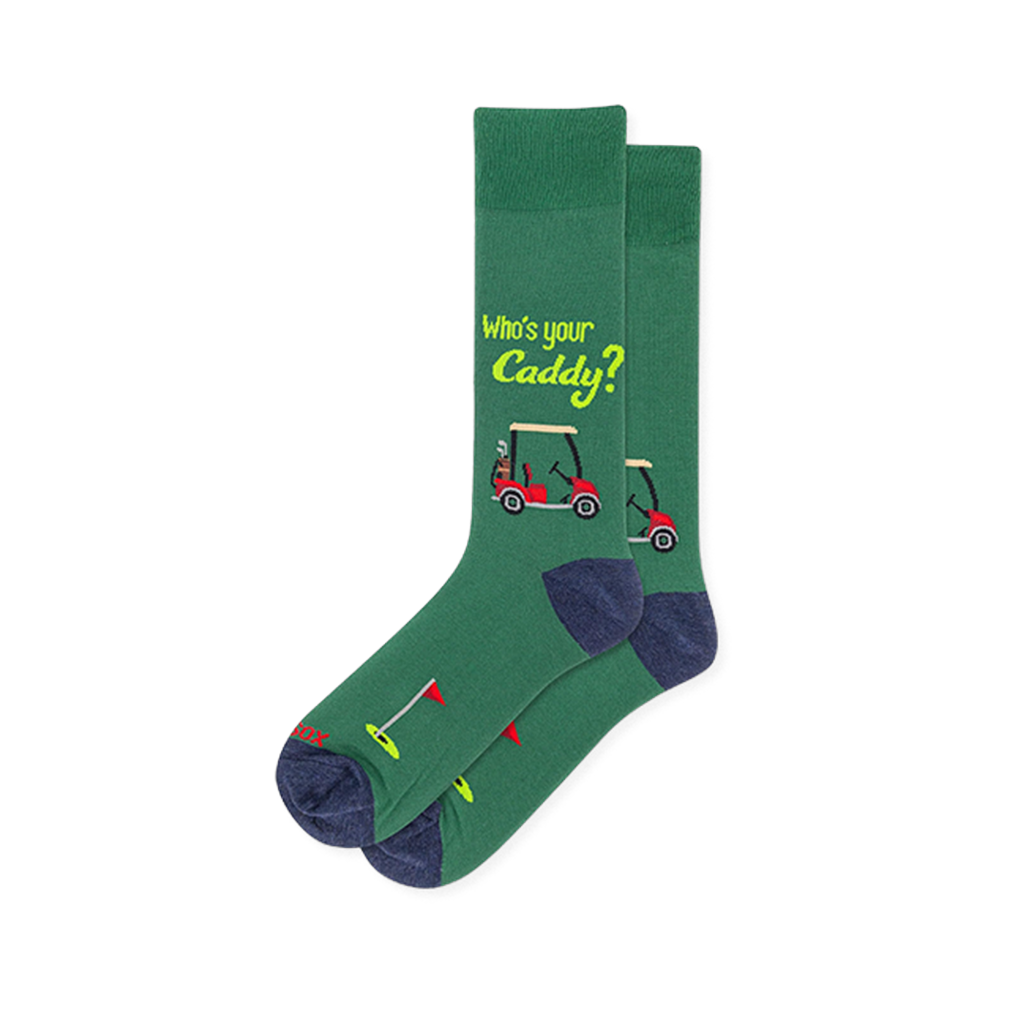 Green crew socks with lime Who's your Caddy text, a red golf cart graphic, and a golf hole with a red flag near the toe.