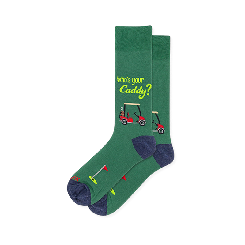 Green crew socks with lime Who's your Caddy text, a red golf cart graphic, and a golf hole with a red flag near the toe.