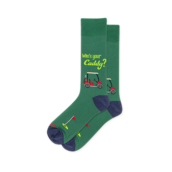 Green crew socks with lime Who's your Caddy text, a red golf cart graphic, and a golf hole with a red flag near the toe.
