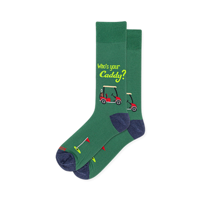 Green crew socks with lime Who's your Caddy text, a red golf cart graphic, and a golf hole with a red flag near the toe.