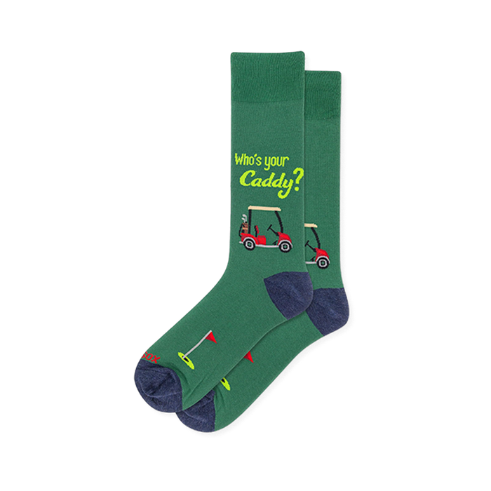 Green crew socks with lime Who's your Caddy text, a red golf cart graphic, and a golf hole with a red flag near the toe. }}