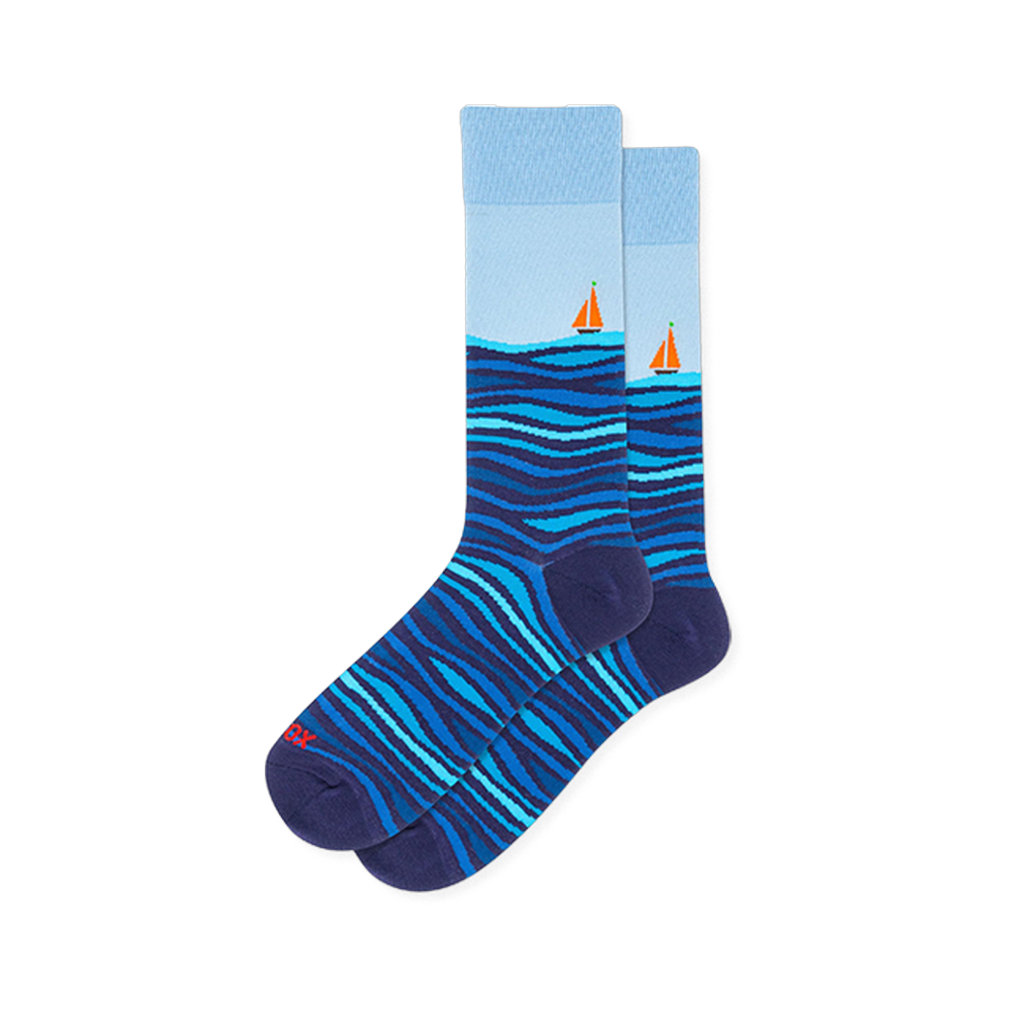 Light blue crew socks featuring dark blue rolling ocean waves on the bottom half and a small orange sailboat on the horizon.