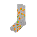 Light grey crew socks with a repeating pattern of sliced papayas showing bright orange flesh and black seeds.