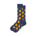 Heather navy blue crew socks covered in a repeating pattern of bright whole oranges with vivid green leaves.