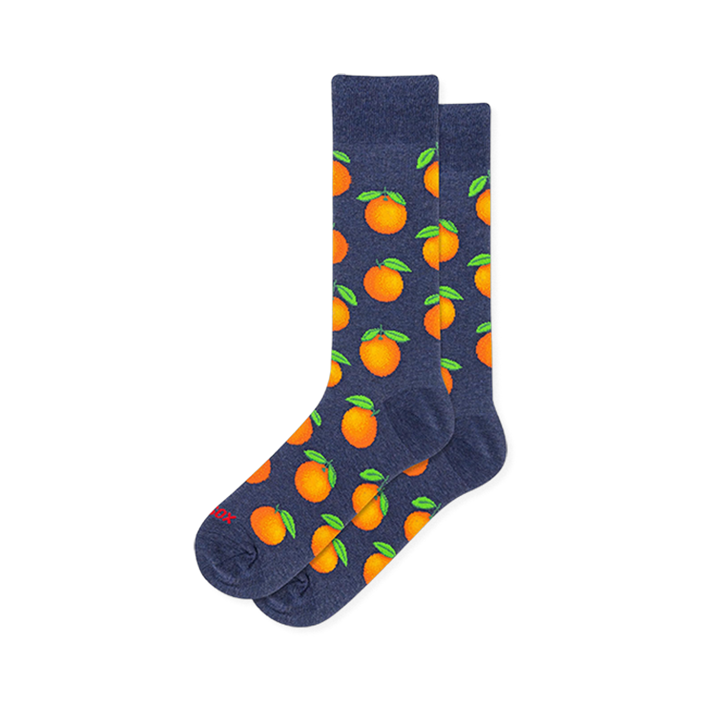 Heather navy blue crew socks covered in a repeating pattern of bright whole oranges with vivid green leaves.