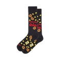 Black crew socks showing a pattern of pretzels, popcorn, snack bags, and red text reading lookin like a snack.