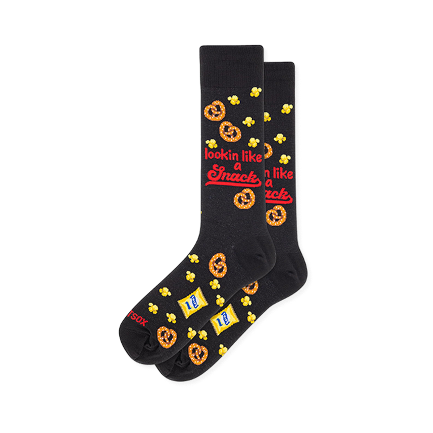 Black crew socks showing a pattern of pretzels, popcorn, snack bags, and red text reading lookin like a snack.
