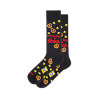Black crew socks showing a pattern of pretzels, popcorn, snack bags, and red text reading lookin like a snack.