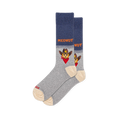 Blue and grey crew socks with beige heels. Features MEOWDY text and an orange cat wearing a cowboy hat and red bandana.