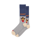 Blue and grey crew socks with beige heels. Features MEOWDY text and an orange cat wearing a cowboy hat and red bandana.