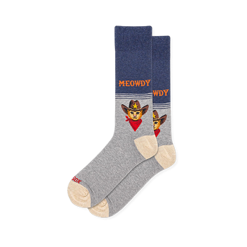 Blue and grey crew socks with beige heels. Features MEOWDY text and an orange cat wearing a cowboy hat and red bandana.