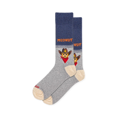 Blue and grey crew socks with beige heels. Features MEOWDY text and an orange cat wearing a cowboy hat and red bandana.