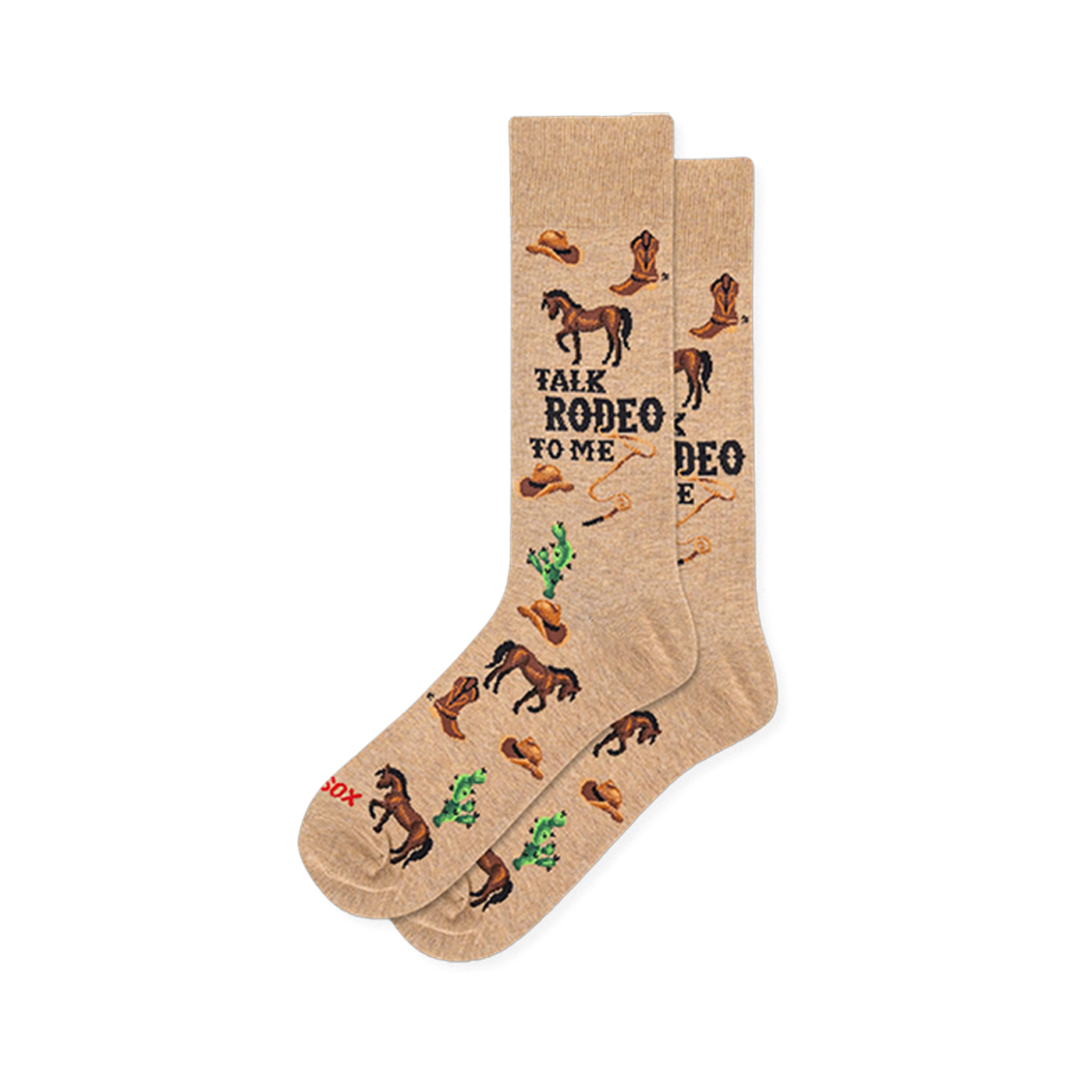 Tan crew socks featuring a western pattern of brown horses, cowboy boots, hats, green cacti, and text Talk Rodeo To Me.