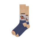 Crew socks with a tan leg and navy foot. A grey middle band shows a brown dachshund in a cowboy hat with the word HOWDY.