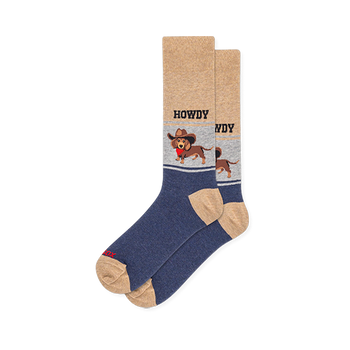 Crew socks with a tan leg and navy foot. A grey middle band shows a brown dachshund in a cowboy hat with the word HOWDY.