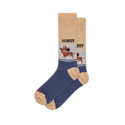 Crew socks with a tan leg and navy foot. A grey middle band shows a brown dachshund in a cowboy hat with the word HOWDY.