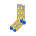 Light grey crew socks showing a repeating yellow rubber duck pattern with bright blue accents on the toes and heels.