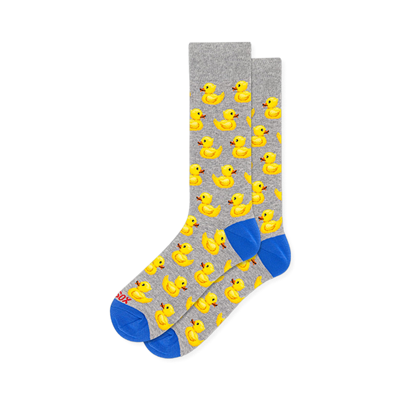 Light grey crew socks showing a repeating yellow rubber duck pattern with bright blue accents on the toes and heels.