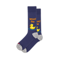 Navy blue crew socks with gray heel and toe, featuring a yellow rubber duck, blue water ripples, and orange text WHAT the.
