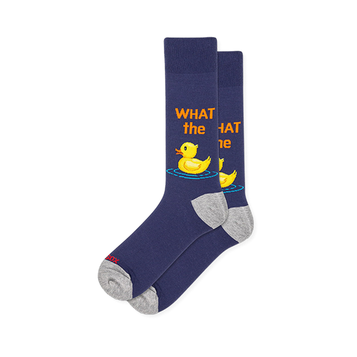 Navy blue crew socks with gray heel and toe, featuring a yellow rubber duck, blue water ripples, and orange text WHAT the. }}