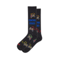 Black socks with retro controllers, colorful cords, bright buttons, and blue 'CONTROL ISSUES' text on the calf.