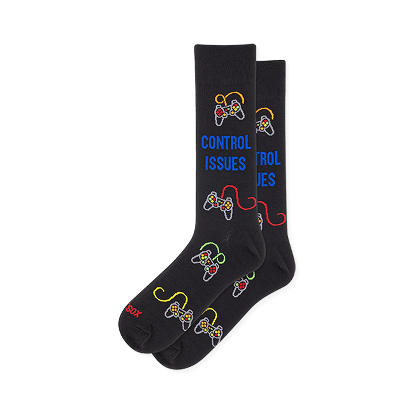 Black socks with retro controllers, colorful cords, bright buttons, and blue 'CONTROL ISSUES' text on the calf.