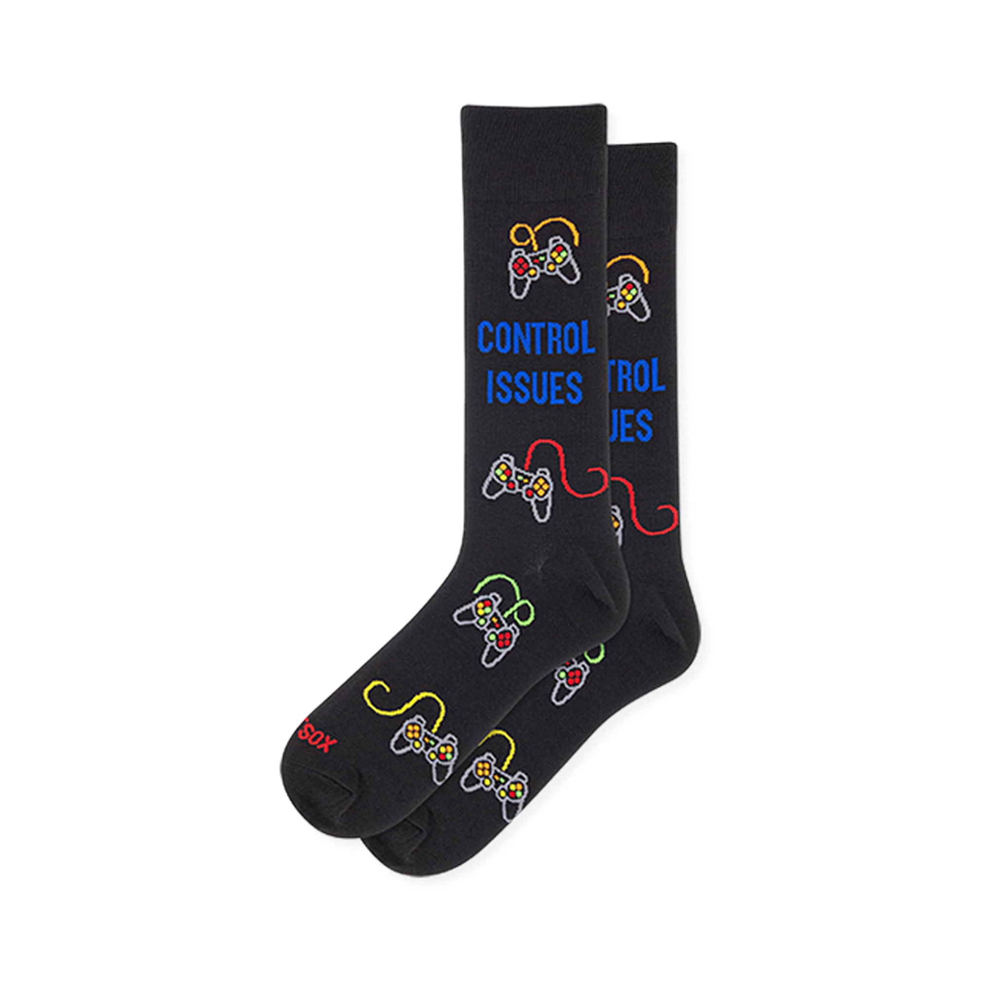 Black socks with retro controllers, colorful cords, bright buttons, and blue 'CONTROL ISSUES' text on the calf.