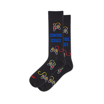 Black socks with retro controllers, colorful cords, bright buttons, and blue 'CONTROL ISSUES' text on the calf.