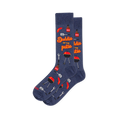 Navy crew socks with red charcoal grills, BBQ sauce, spatulas, hot dogs, and orange Daddio of the patio text.