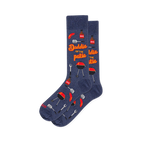 Navy crew socks with red charcoal grills, BBQ sauce, spatulas, hot dogs, and orange Daddio of the patio text.