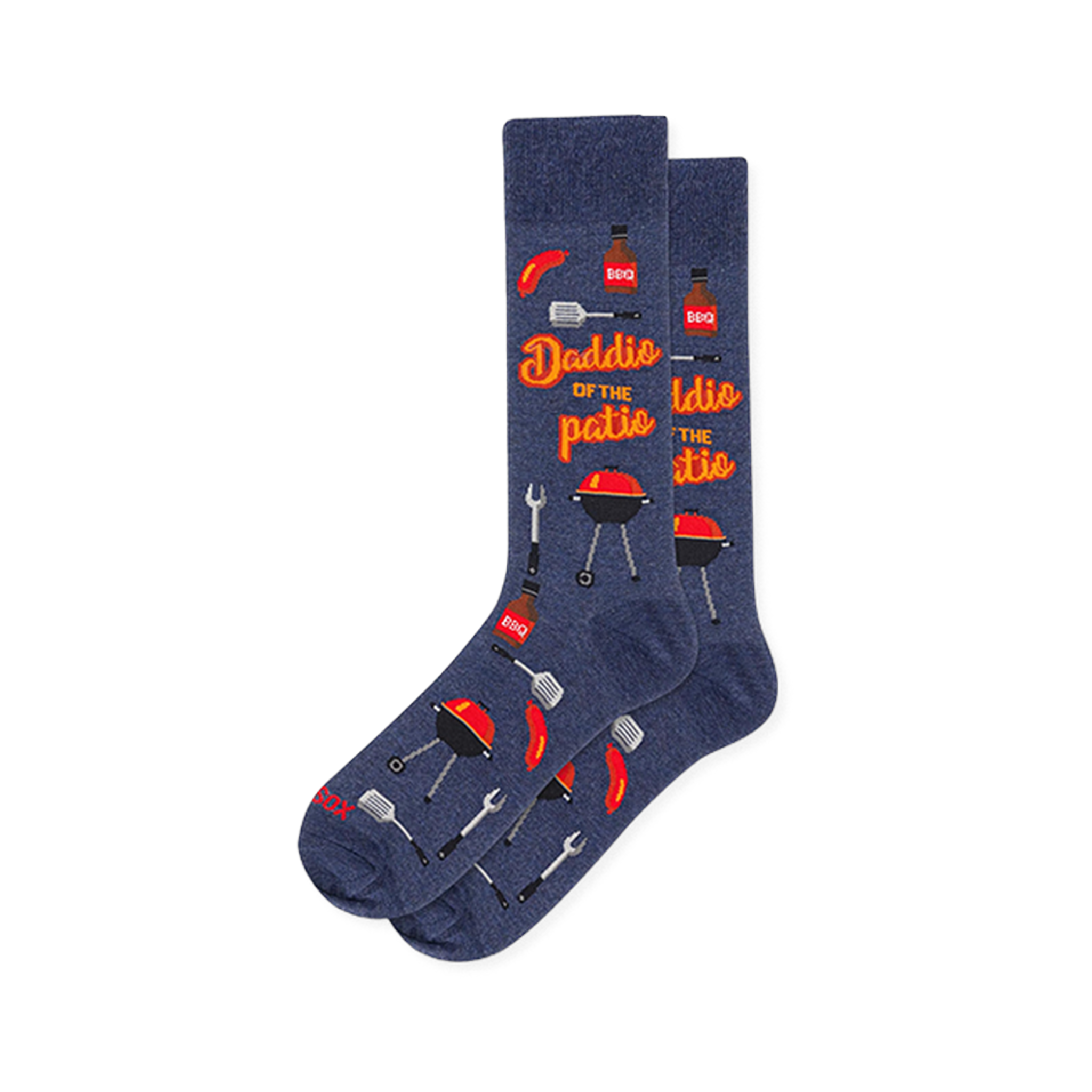Navy crew socks with red charcoal grills, BBQ sauce, spatulas, hot dogs, and orange Daddio of the patio text.