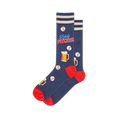 Navy blue crew socks with red heels and toes, cream cuff stripes, and a pattern of baseballs, beer pitchers, and bold text.