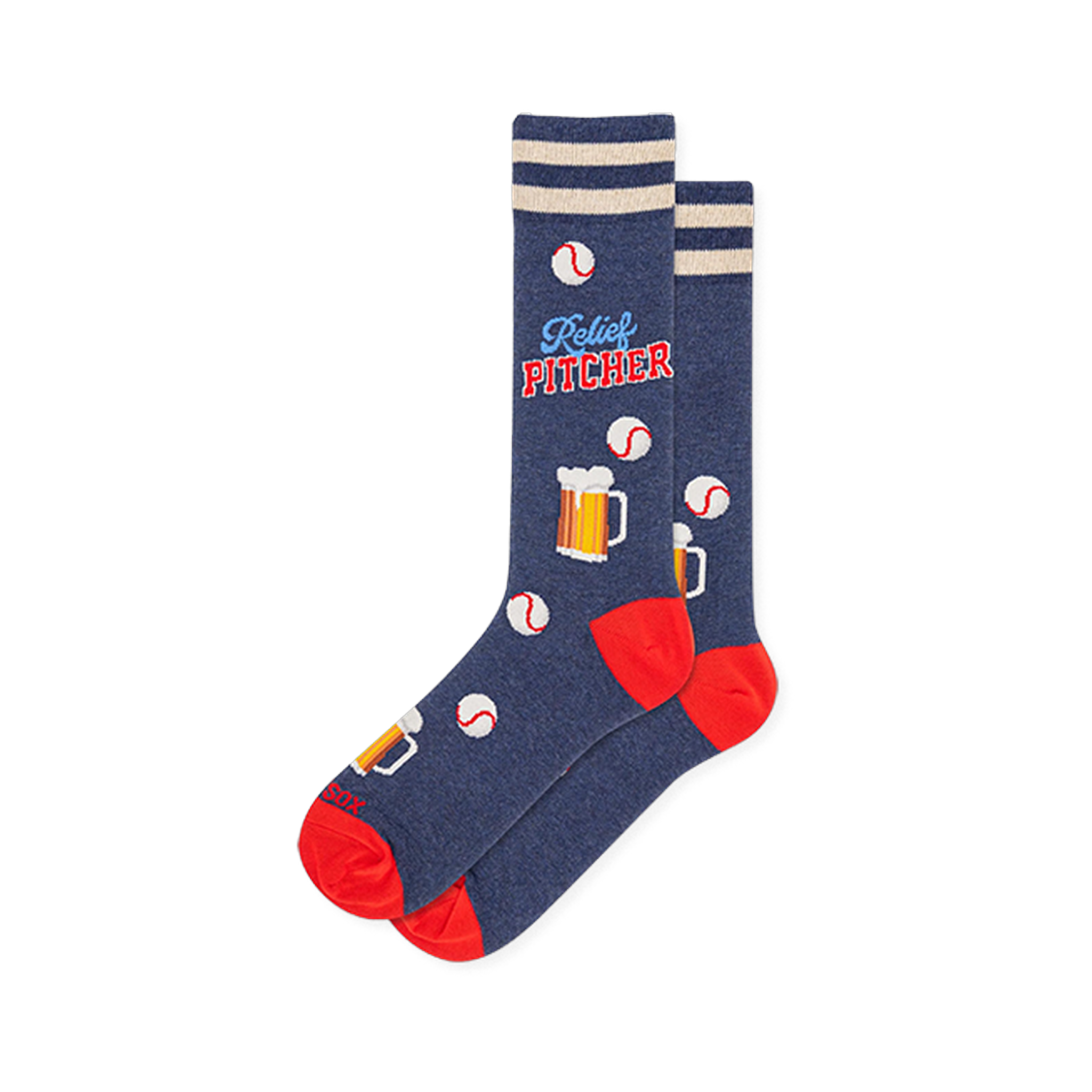 Navy blue crew socks with red heels and toes, cream cuff stripes, and a pattern of baseballs, beer pitchers, and bold text.