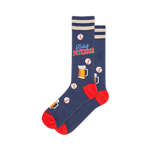 Navy blue crew socks with red heels and toes, cream cuff stripes, and a pattern of baseballs, beer pitchers, and bold text.