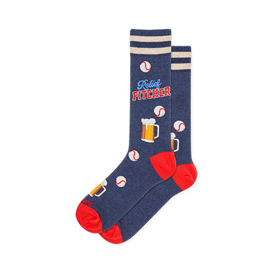 Navy blue crew socks with red heels and toes, cream cuff stripes, and a pattern of baseballs, beer pitchers, and bold text.