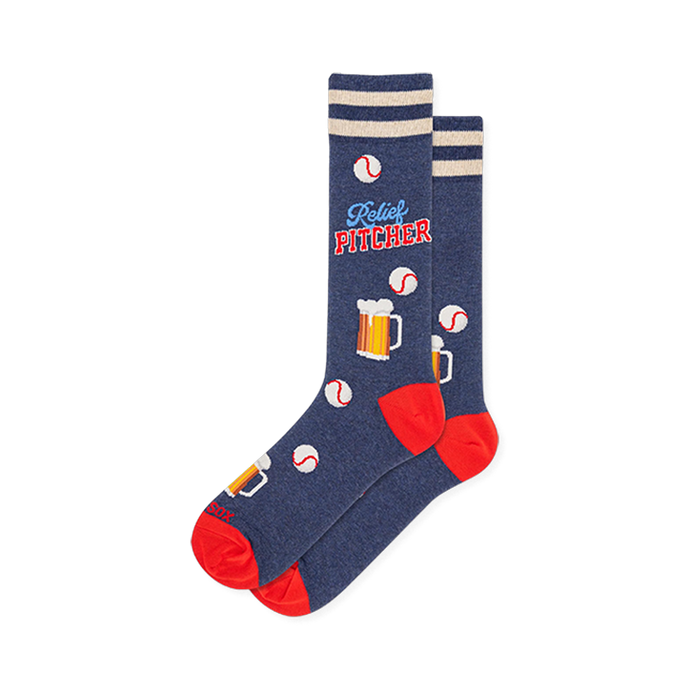 Navy blue crew socks with red heels and toes, cream cuff stripes, and a pattern of baseballs, beer pitchers, and bold text. }}