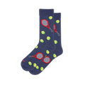 Heather navy blue socks featuring a pattern of red tennis rackets with dark handles and bright yellow-green tennis balls.