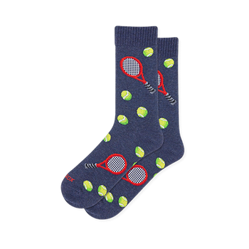 Heather navy blue socks featuring a pattern of red tennis rackets with dark handles and bright yellow-green tennis balls.