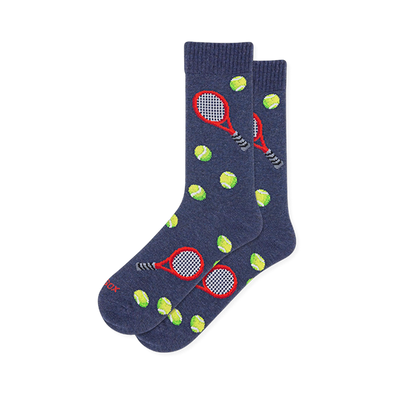 Heather navy blue socks featuring a pattern of red tennis rackets with dark handles and bright yellow-green tennis balls.