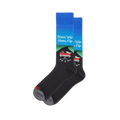 Black socks featuring a red convertible getaway car trailing tin cans under a blue sky and Happy Wife Happy Life text.