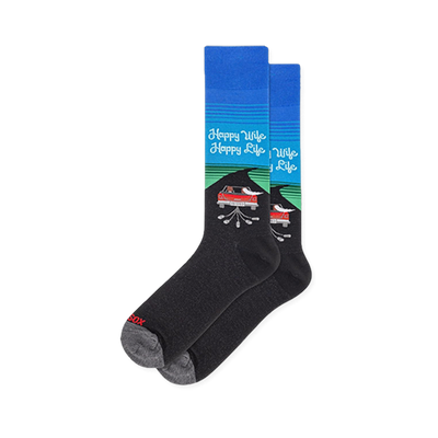Black socks featuring a red convertible getaway car trailing tin cans under a blue sky and Happy Wife Happy Life text.