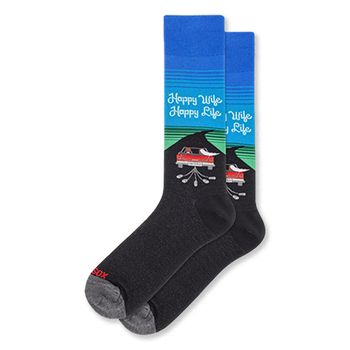 Black socks featuring a red convertible getaway car trailing tin cans under a blue sky and Happy Wife Happy Life text.