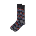 Black socks showing a pattern of red road bikes with grey wheels on horizontal blue stripes, finished with grey heel and toe.