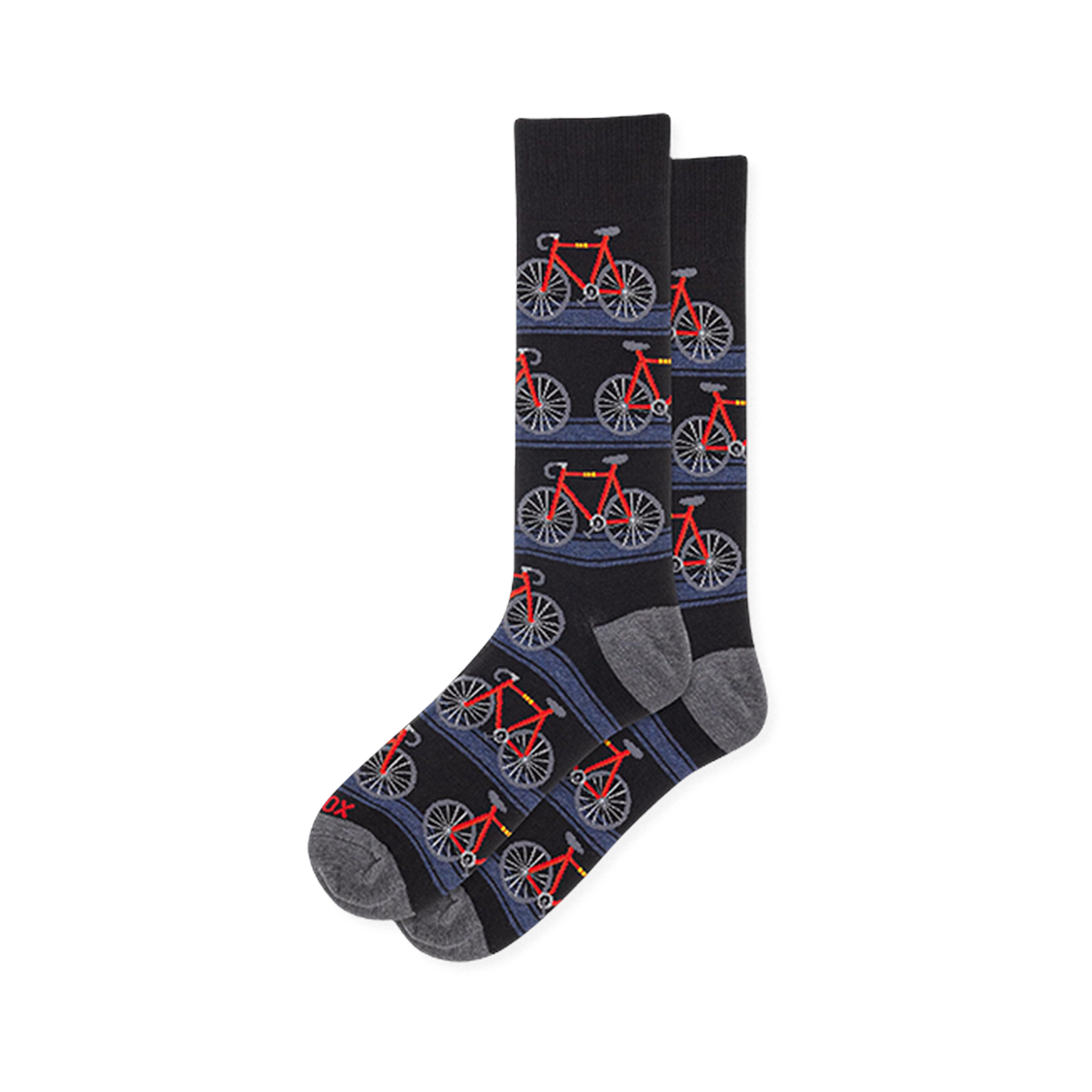 Black socks showing a pattern of red road bikes with grey wheels on horizontal blue stripes, finished with grey heel and toe.